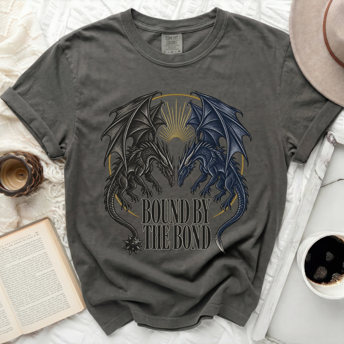 Grey t-shirt with two facing dragons and "BOUND BY THE BOND" text.
