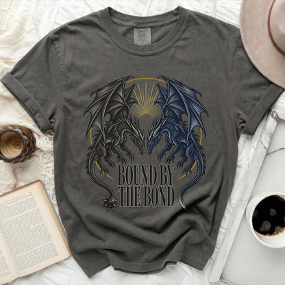Grey t-shirt with two facing dragons and "BOUND BY THE BOND" text.