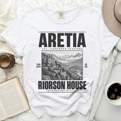 White t-shirt with "ARETIA THE TYRRENDOR SESSIONS" and "RIORSON HOUSE" text.