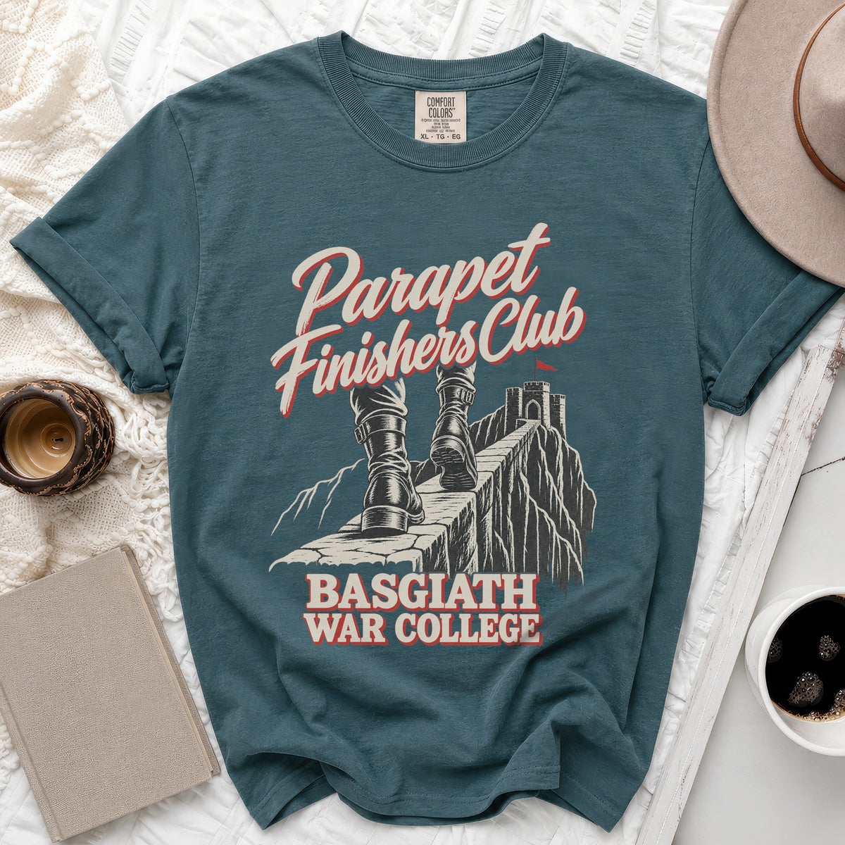 Teal t-shirt with "Parapet Finishers Club Basgiath War College" graphic.