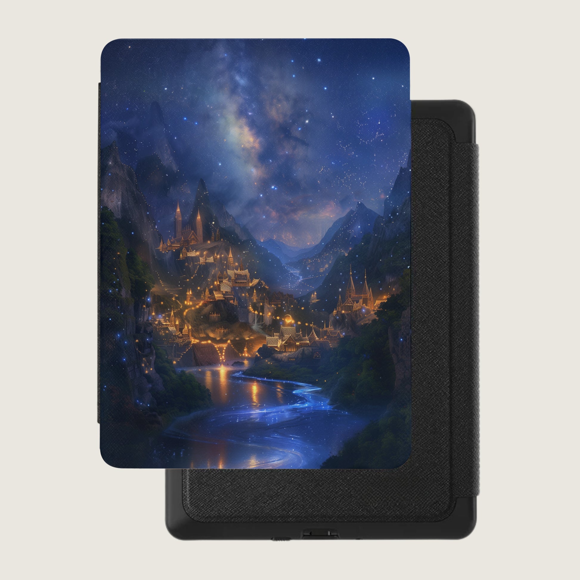 Magical mountain city starry night glowing river product type