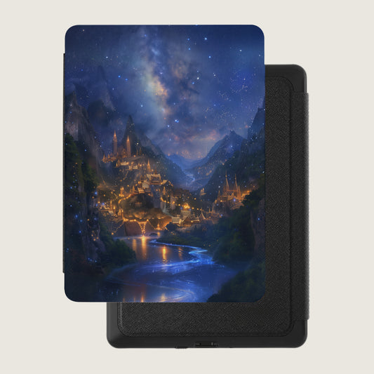 Magical mountain city starry night glowing river product type