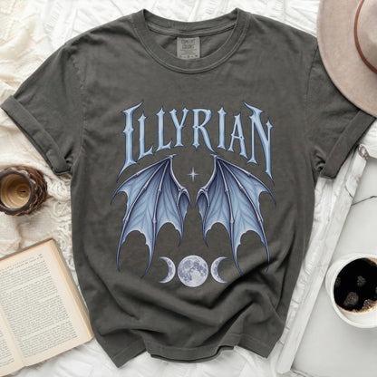 Dark gray t-shirt with "ILLYRIAN" text and blue bat wings.