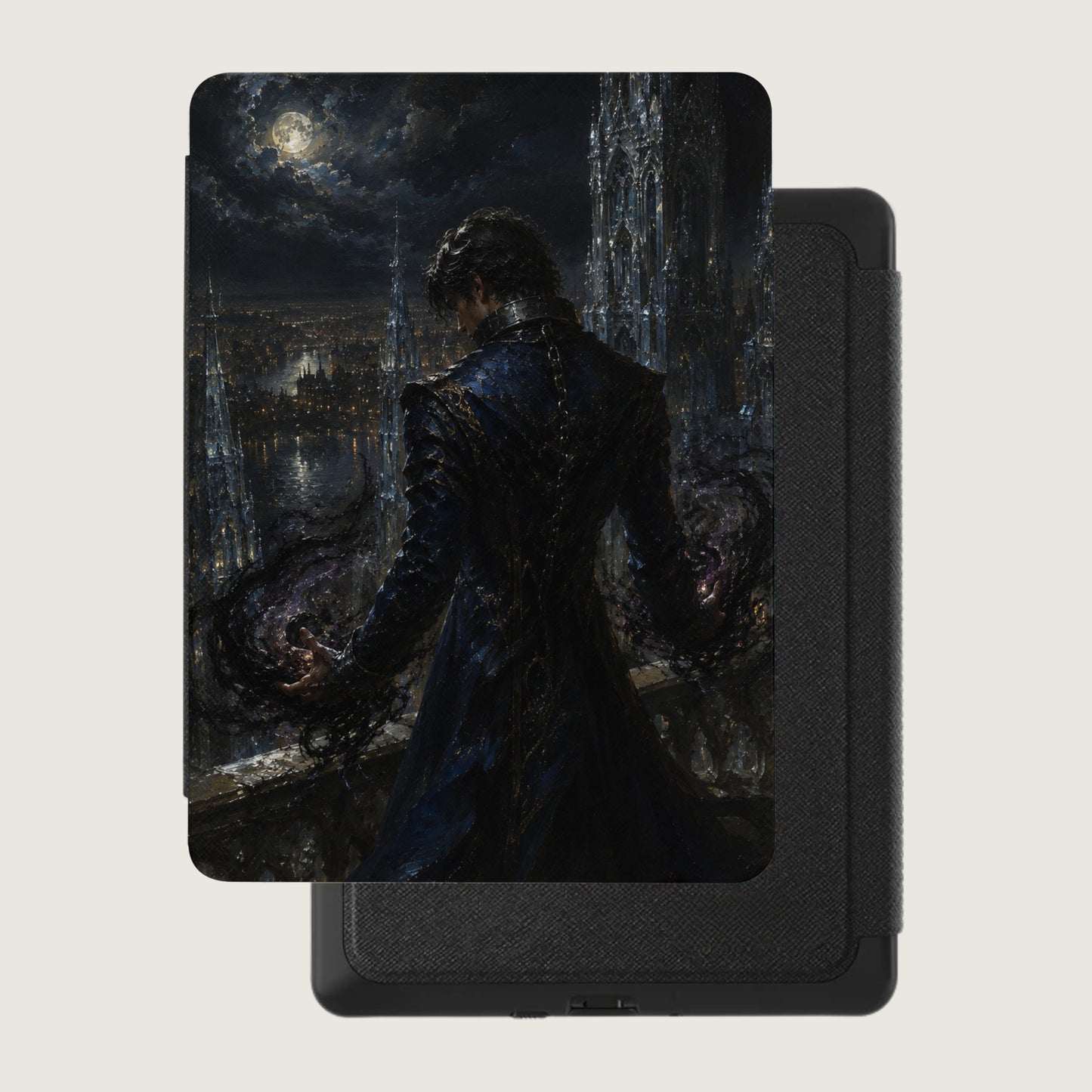 A dark, gothic illustration of a figure conjuring dark energy over a city skyline.