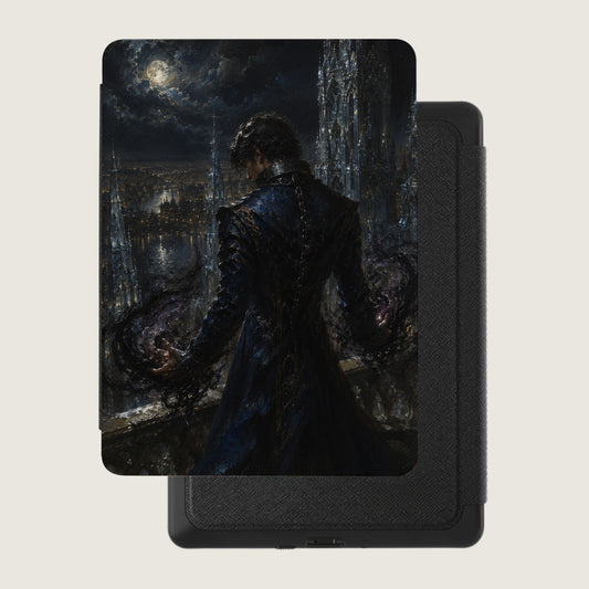 A dark, gothic illustration of a figure conjuring dark energy over a city skyline.