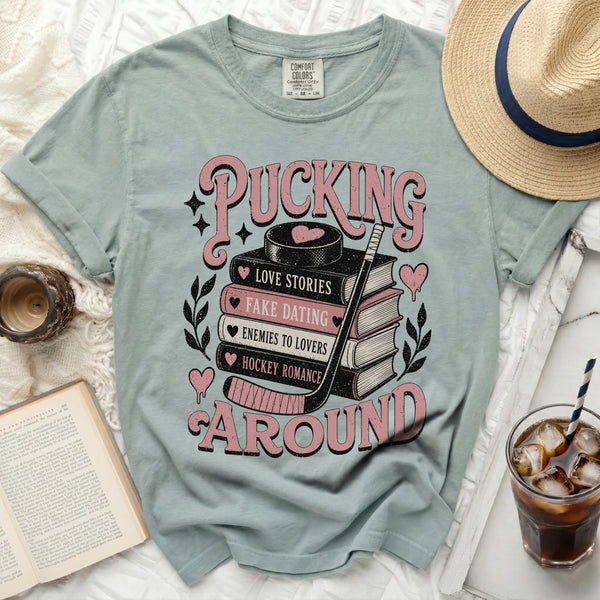 Pucking Around Hockey Romance Tee in Bay