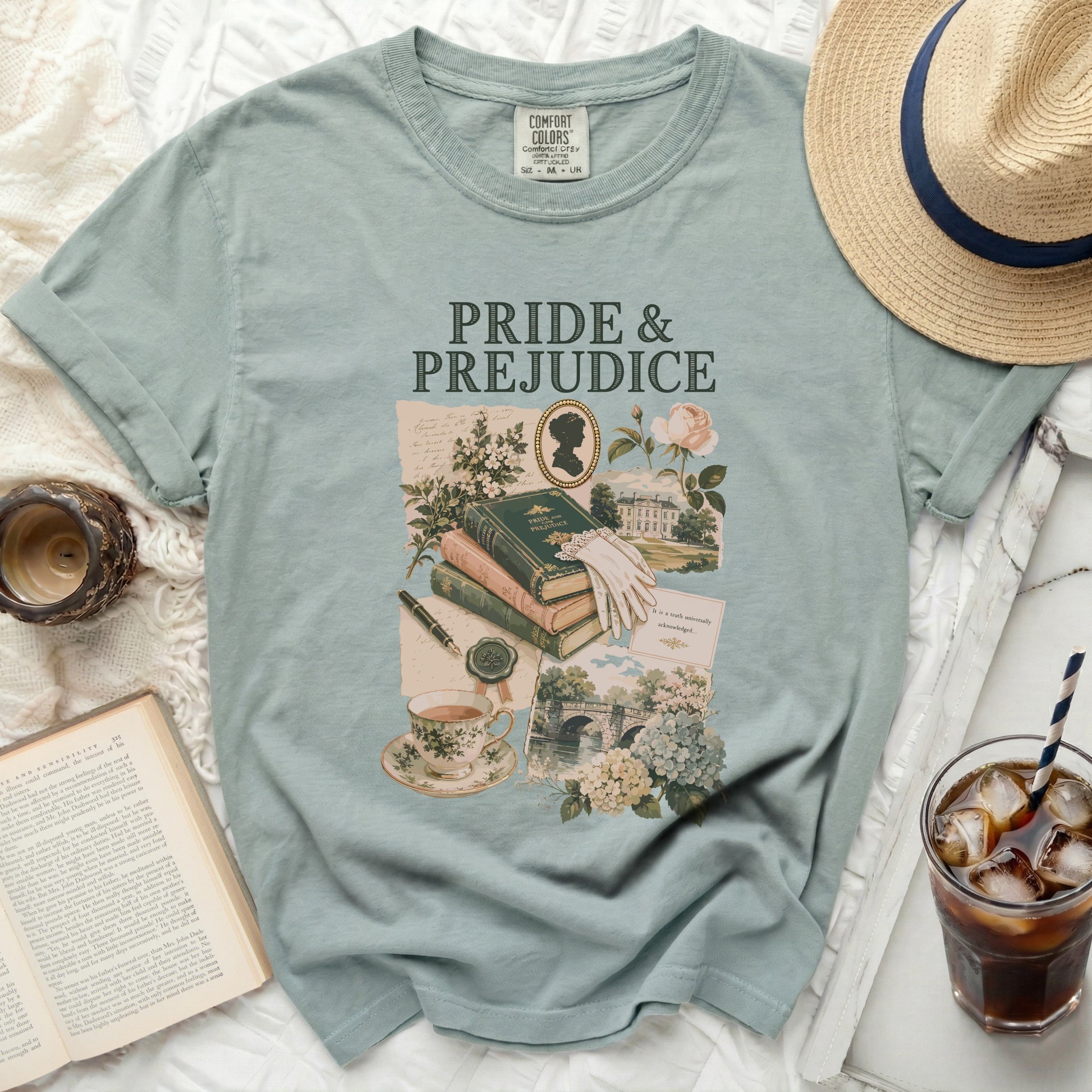 Pride and Prejudice t-shirt with literary collage design.