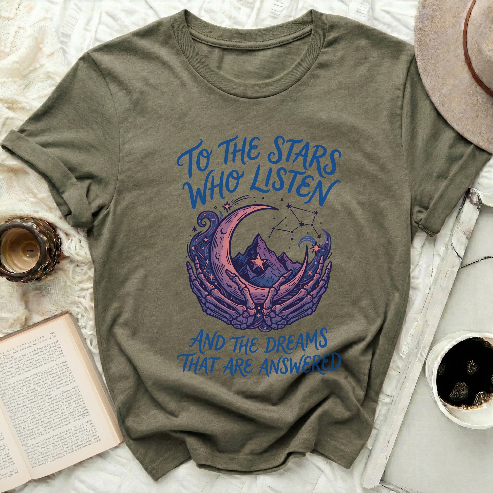 To The Stars Who Listen And The Dreams Answered product type
Celestial, Starry Night, Moon Phases, Skeleton Hands, Cosmic Design, Mystical, Dreamy Quote, Inspirational, Fantasy Art, Gothic Style, Witchy Aesthetic, Spiritual Wear, Galaxy Print, Mountains Art, Astronomy, Olive Green, Graphic Tee, Unique Gift, Crescent Moon, Constellation