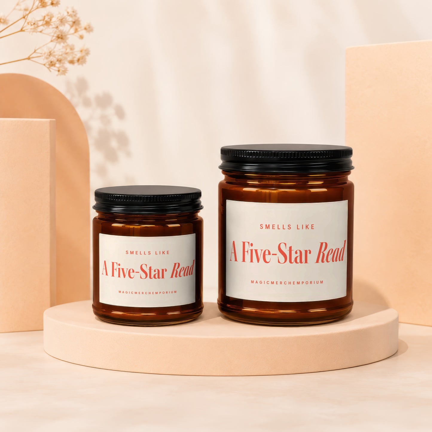 Two amber glass jars with black lids, one larger than the other, labeled "A Five-Star Read".