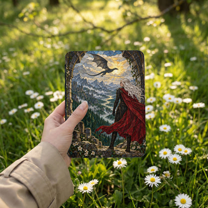 Tapestry with a dragon and queen overlooking a valley and mountains.