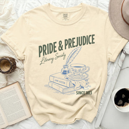 Pride & Prejudice Literary Society t-shirt with Jane Austen and tea illustration.