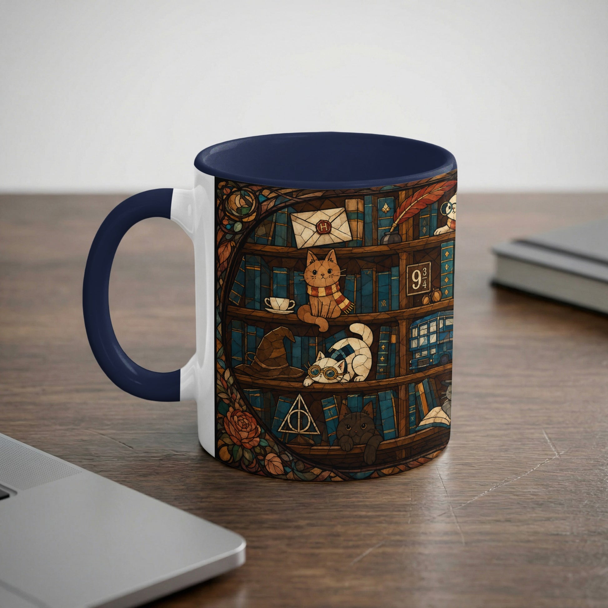 Mug with a stained glass-style bookshelf featuring cats, spells, and magical objects.