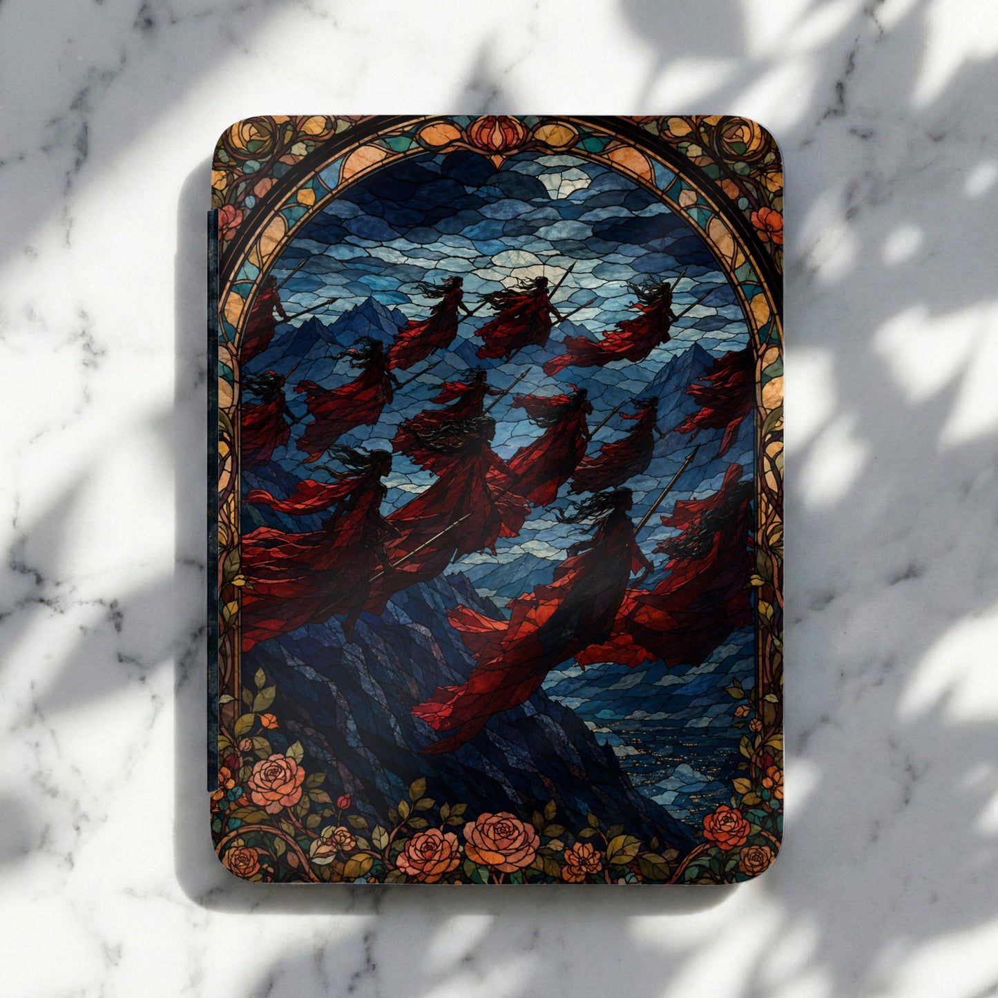 Stained glass art of figures in red robes with spears against a mountainous, cloudy sky.