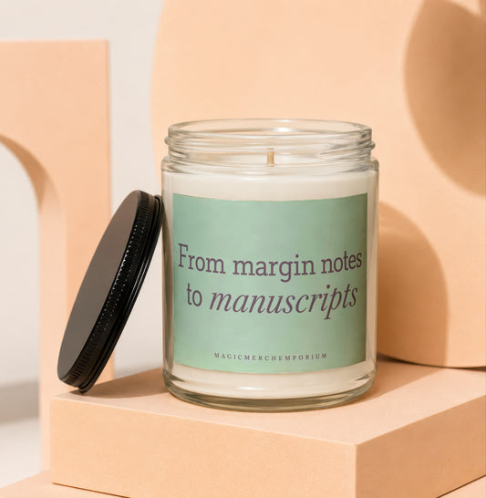 Glass candle with black lid, labeled "From margin notes to manuscripts".