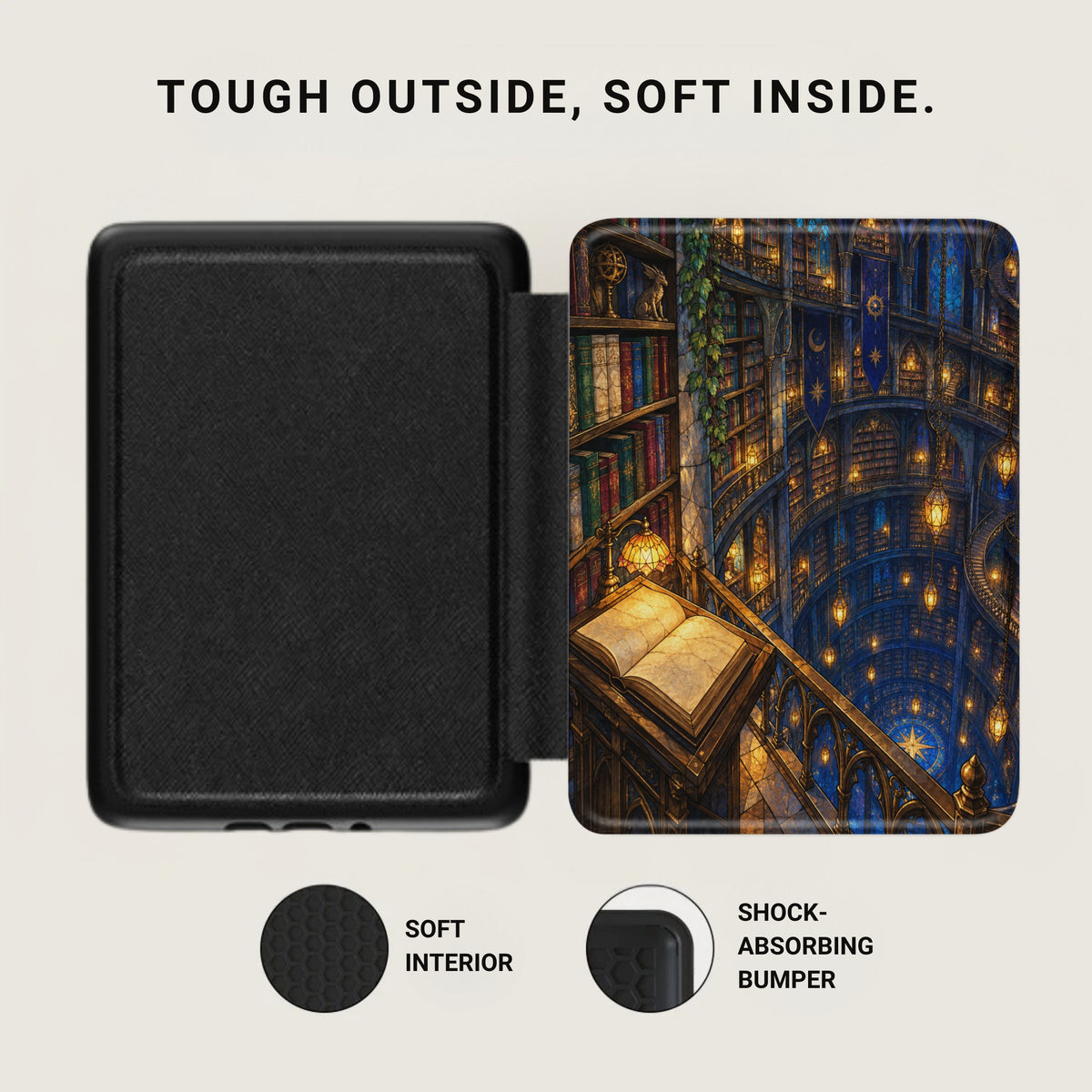 Black case with library illustration inside, and text "TOUGH OUTSIDE, SOFT INSIDE."