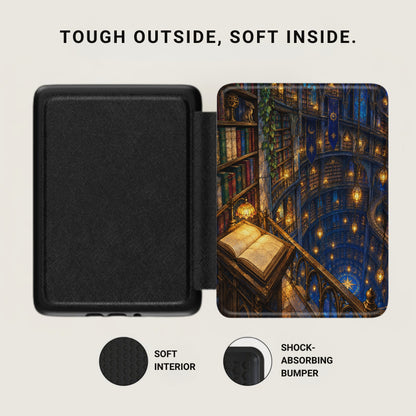 Black case with library illustration inside, and text "TOUGH OUTSIDE, SOFT INSIDE."
