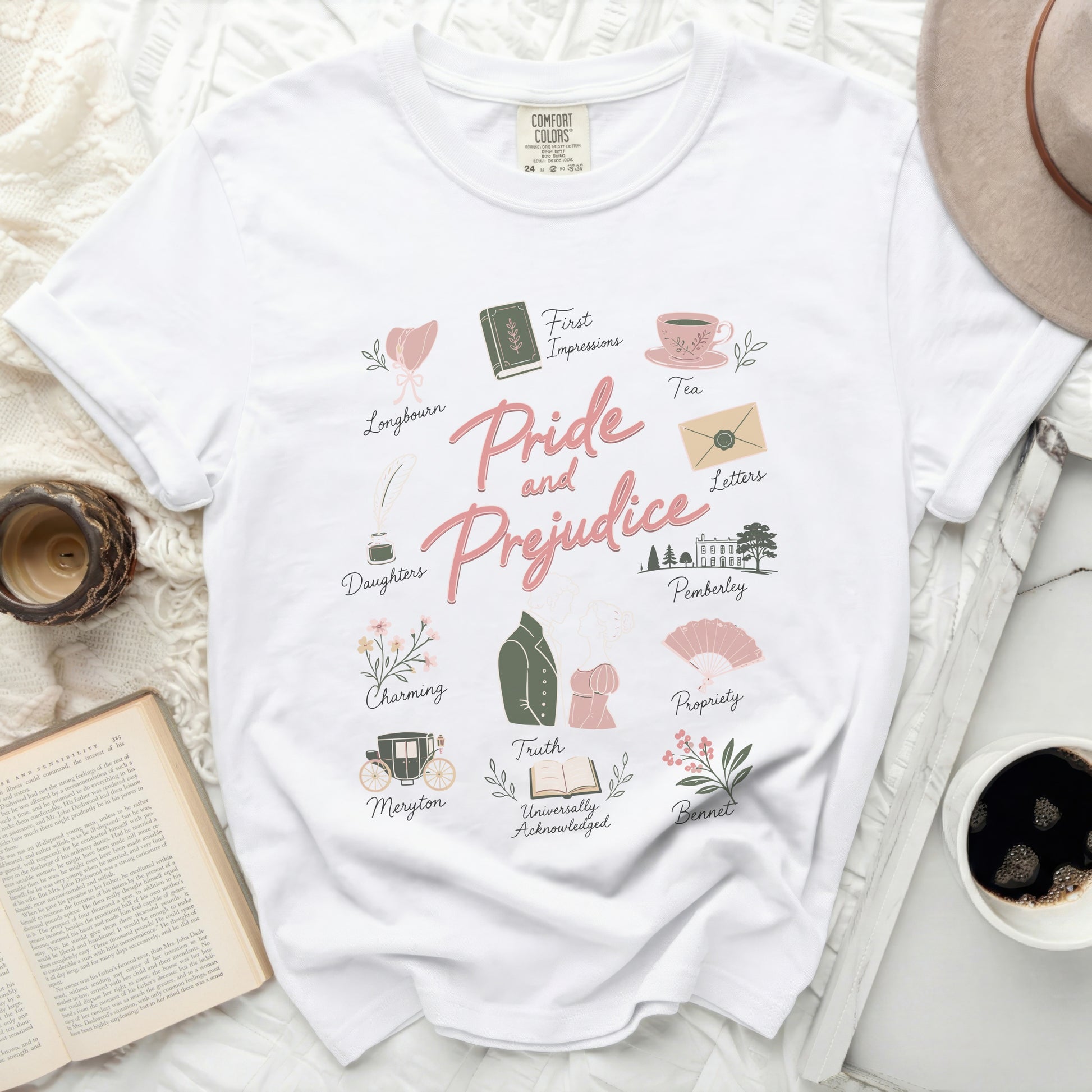 White t-shirt with Pride and Prejudice illustrations and text.