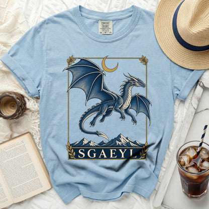 Light blue t-shirt with a blue dragon design and the text SGAEYL.