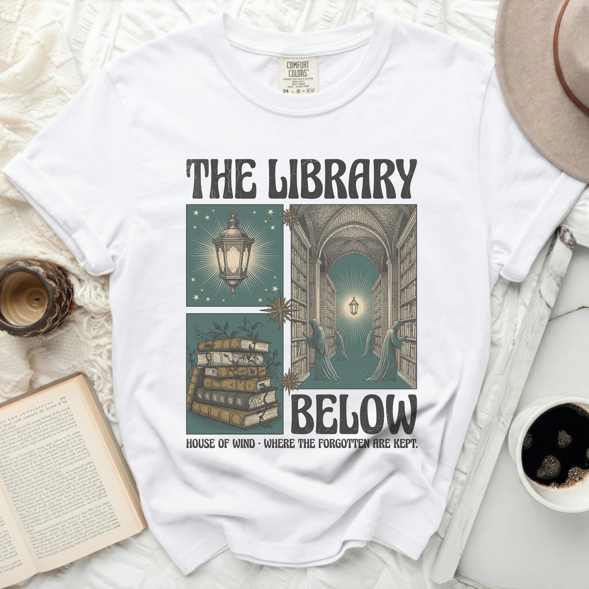 "The Library Below" text with imagery of books, a lantern, and cloaked figures.