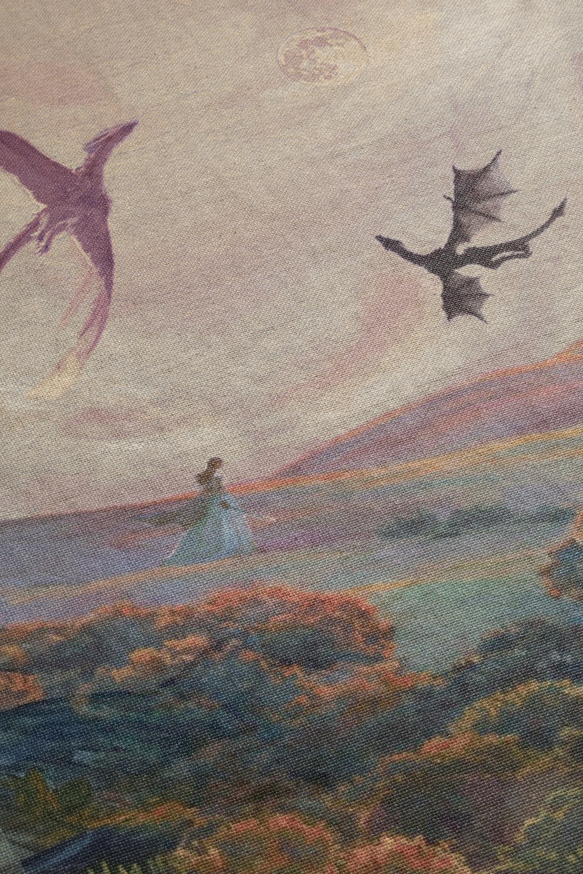 a woman standing in a field with a dragon flying above her.