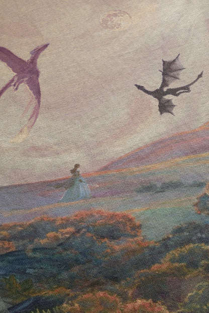 a woman standing in a field with a dragon flying above her.