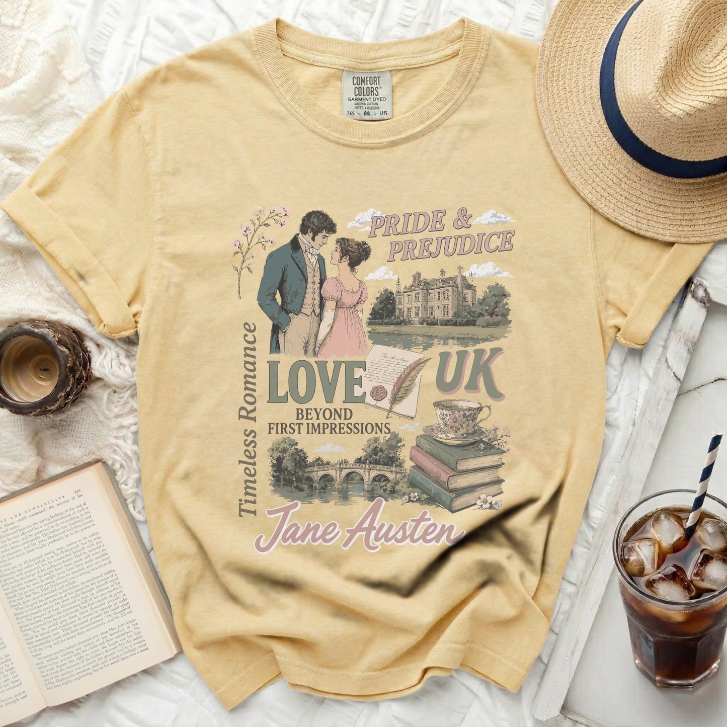 Yellow t-shirt with Jane Austen "Pride & Prejudice" graphic and literary elements.