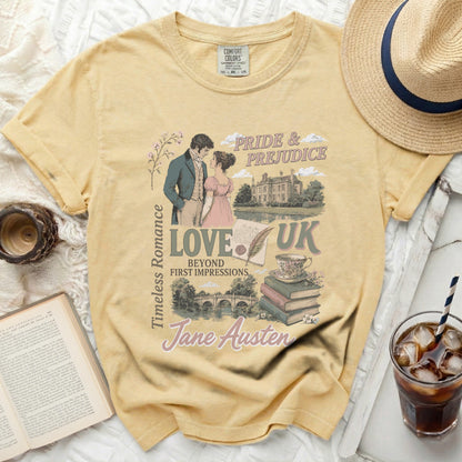 Yellow t-shirt with Jane Austen "Pride & Prejudice" graphic and literary elements.