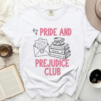 White t-shirt with "Pride and Prejudice Club" text and illustrations.