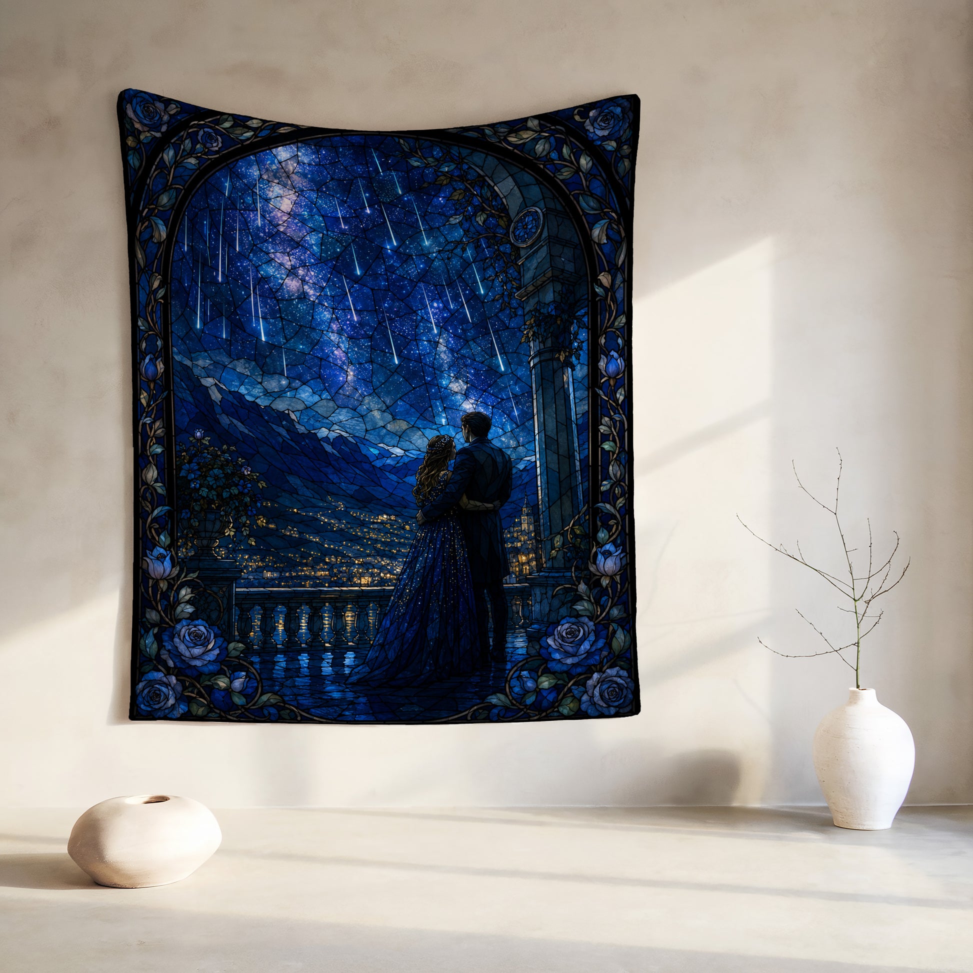 Couple embracing under a starry night sky with shooting stars in stained glass design.