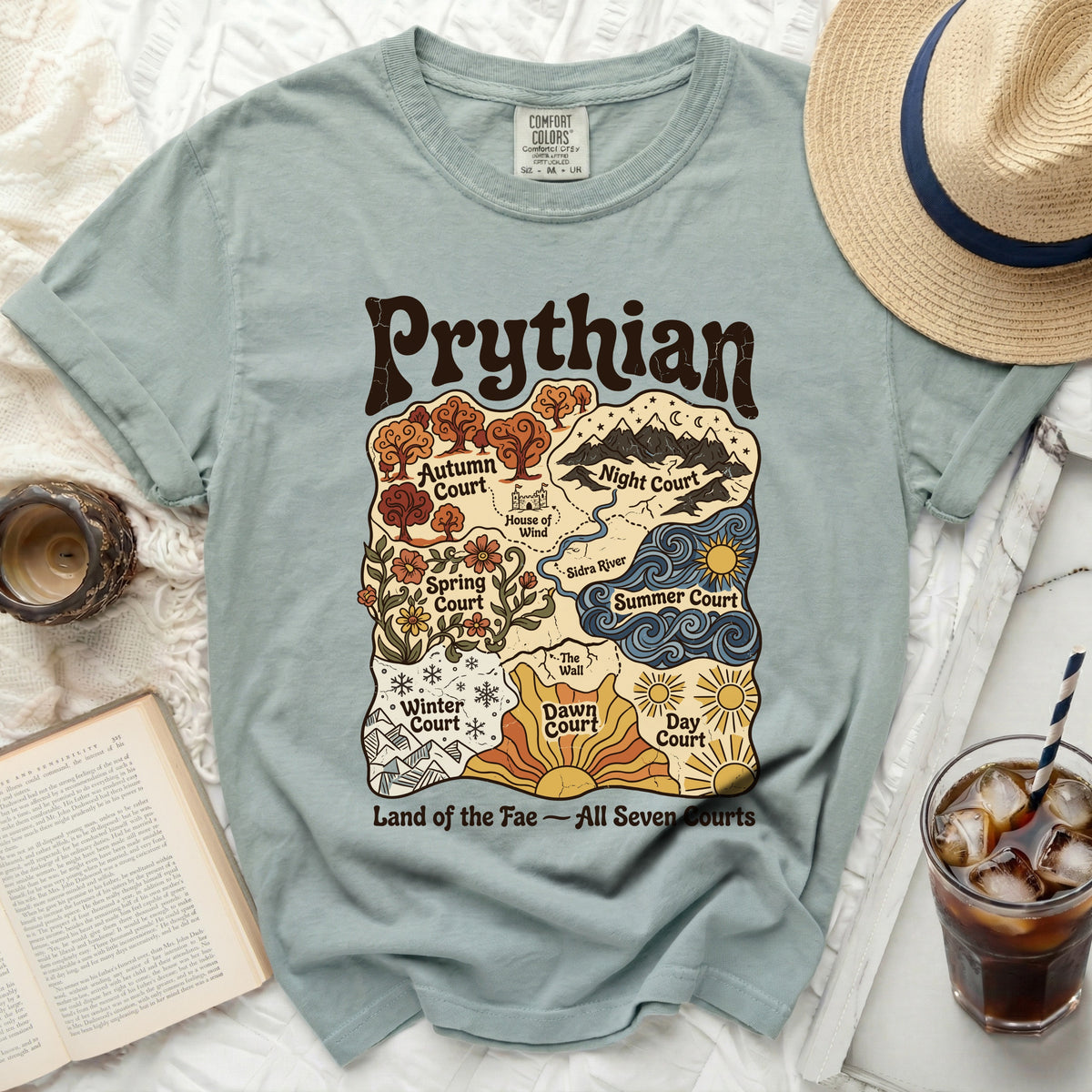 T-shirt with "Prythian" text and map of seven Fae courts.