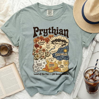 T-shirt with "Prythian" text and map of seven Fae courts.