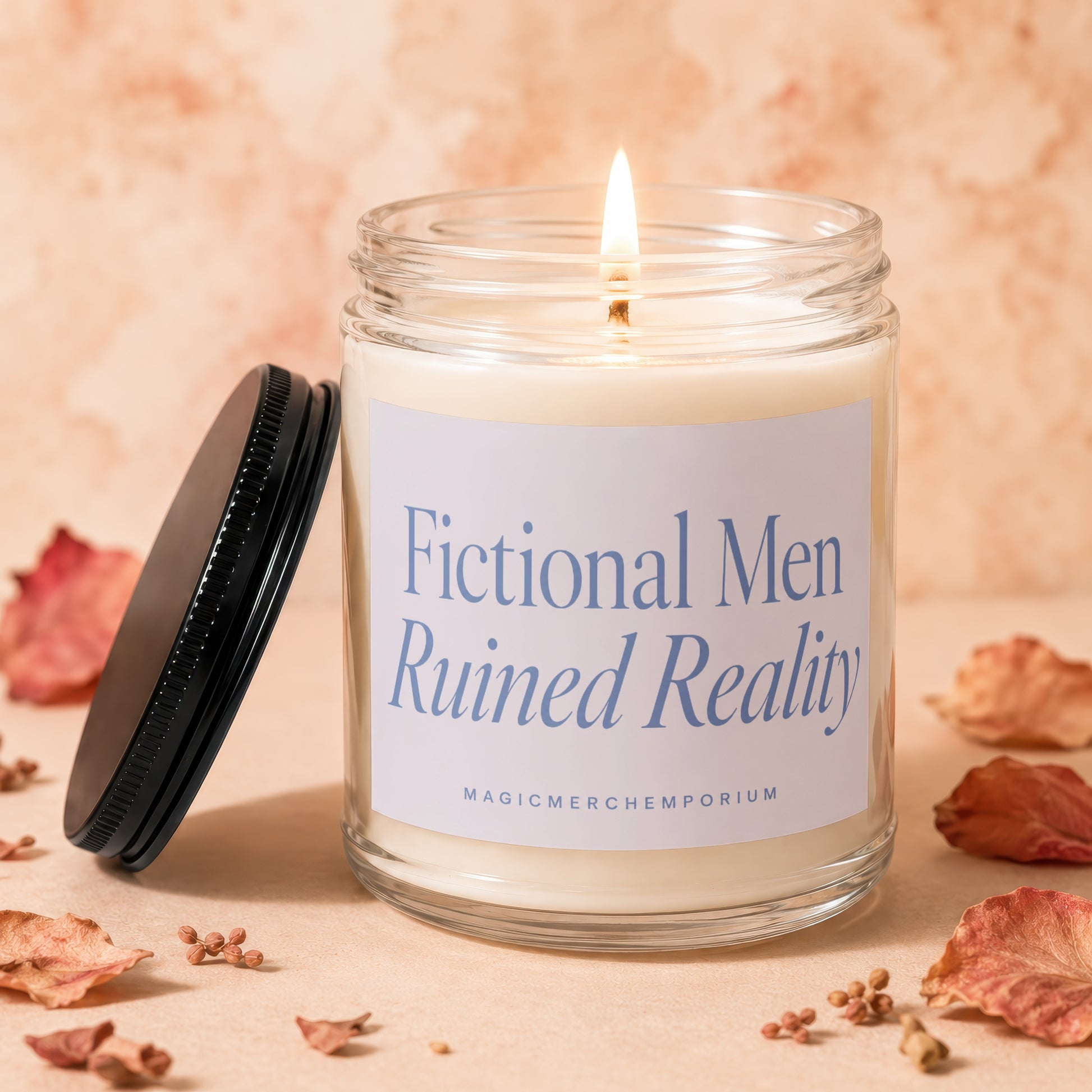 Lit candle in glass jar with label reading "Fictional Men Ruined Reality".