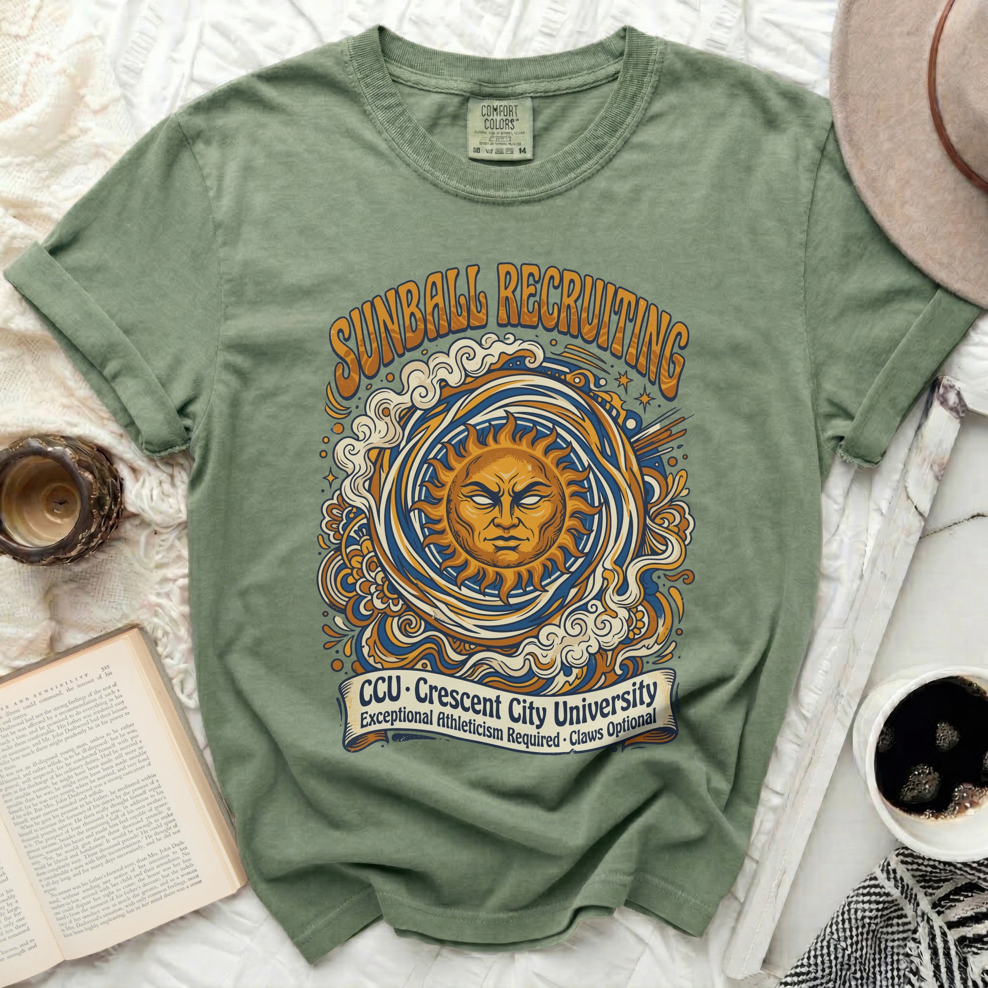 Green t-shirt with "Sunball Recruiting CCU Crescent City University" graphic.