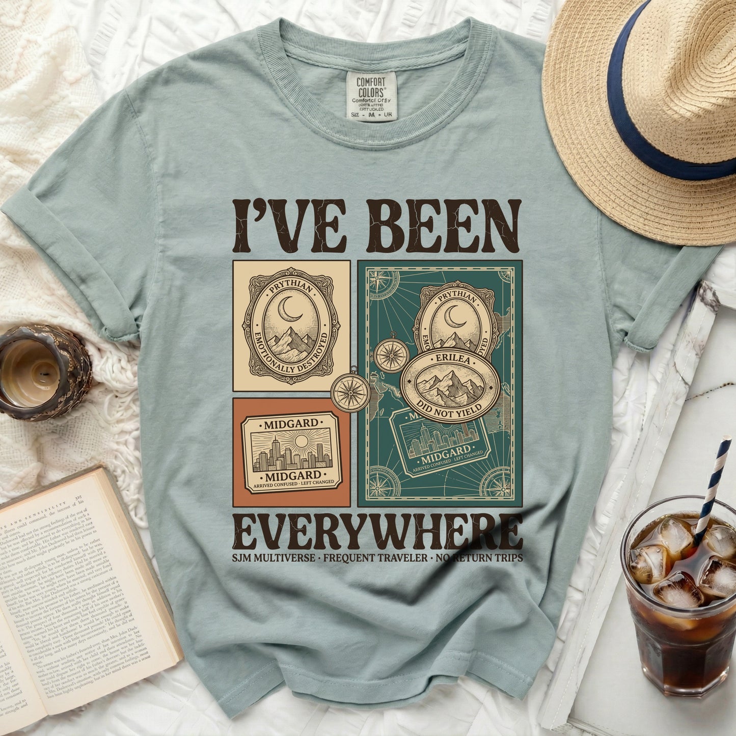 T-shirt with "I've Been Everywhere" text and travel-themed graphics.