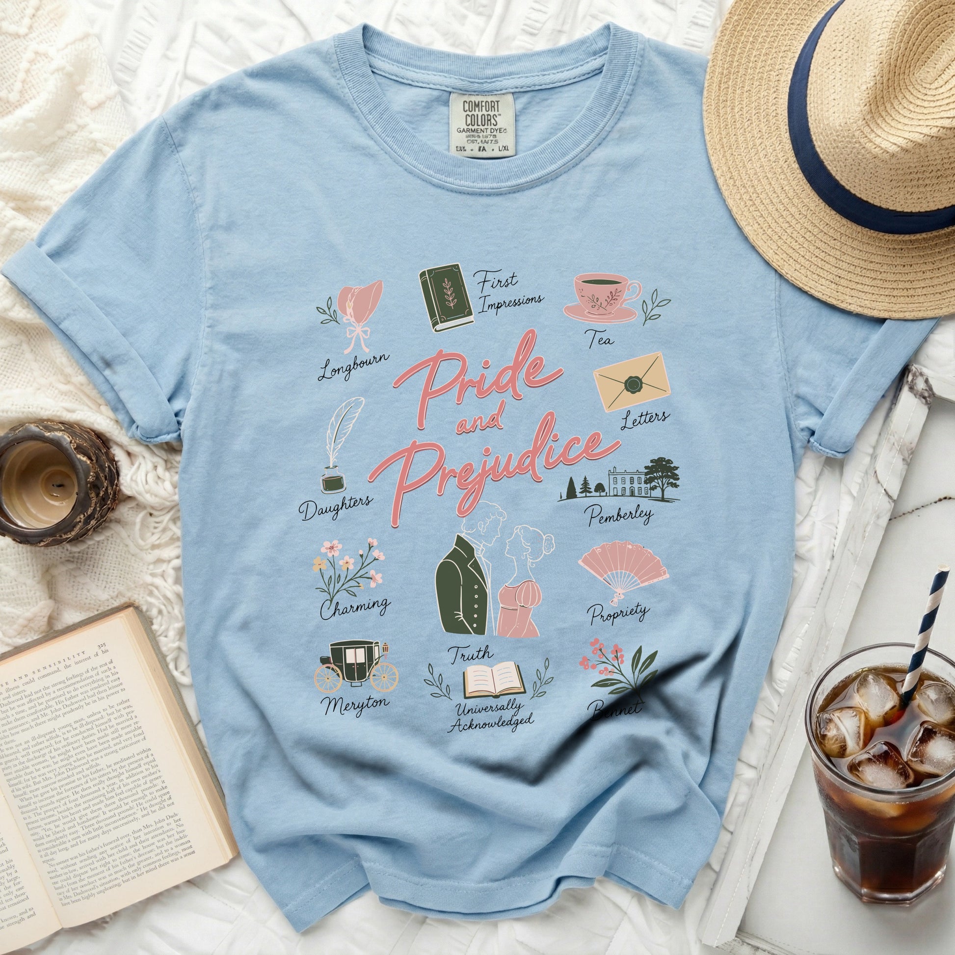 Light blue comfort colors t-shirt with Pride and Prejudice illustrations and text.