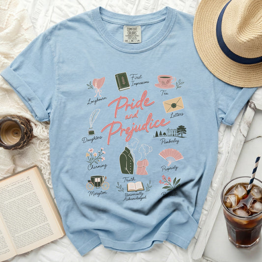 Light blue comfort colors t-shirt with Pride and Prejudice illustrations and text.