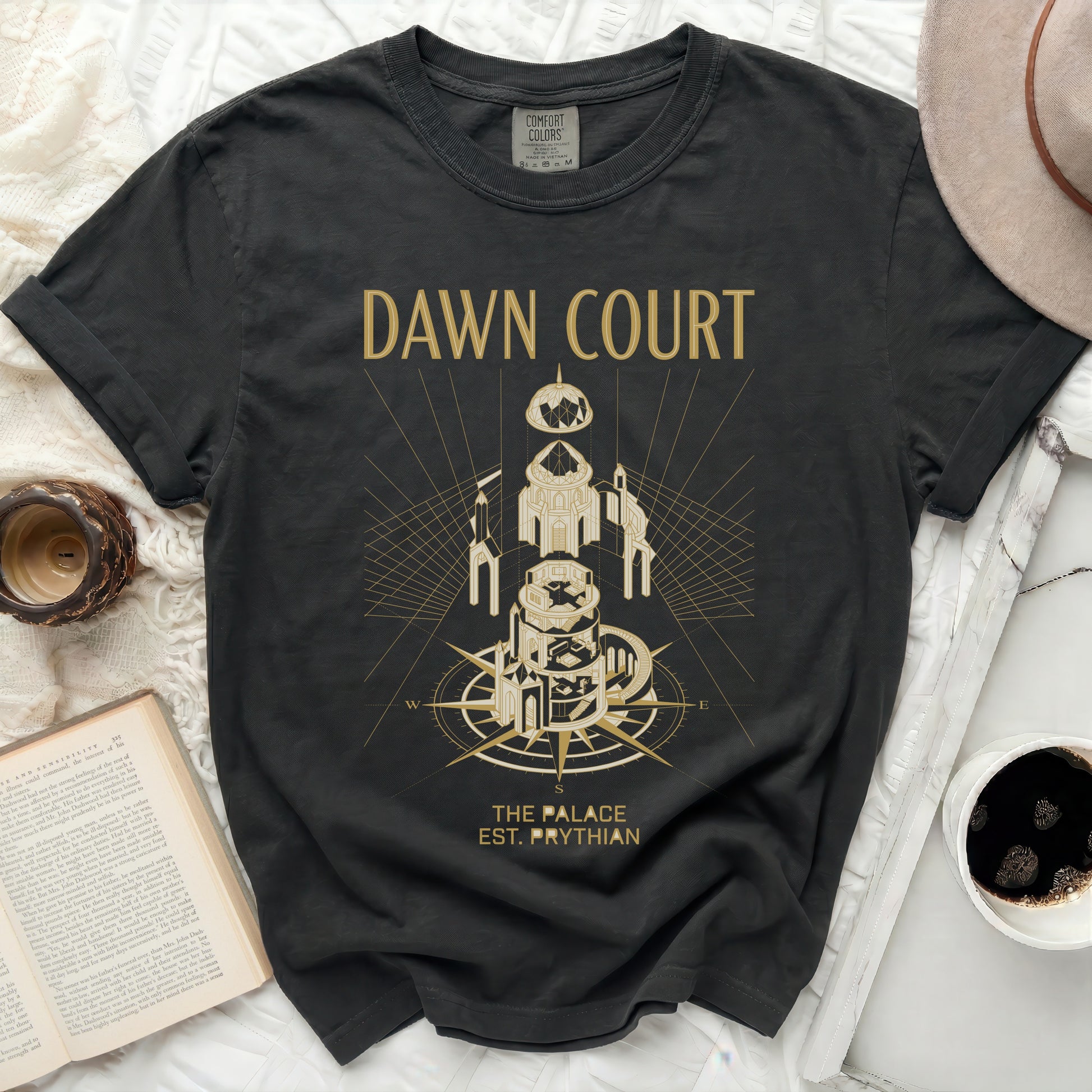 Dark t-shirt with gold "Dawn Court" text and palace graphic.