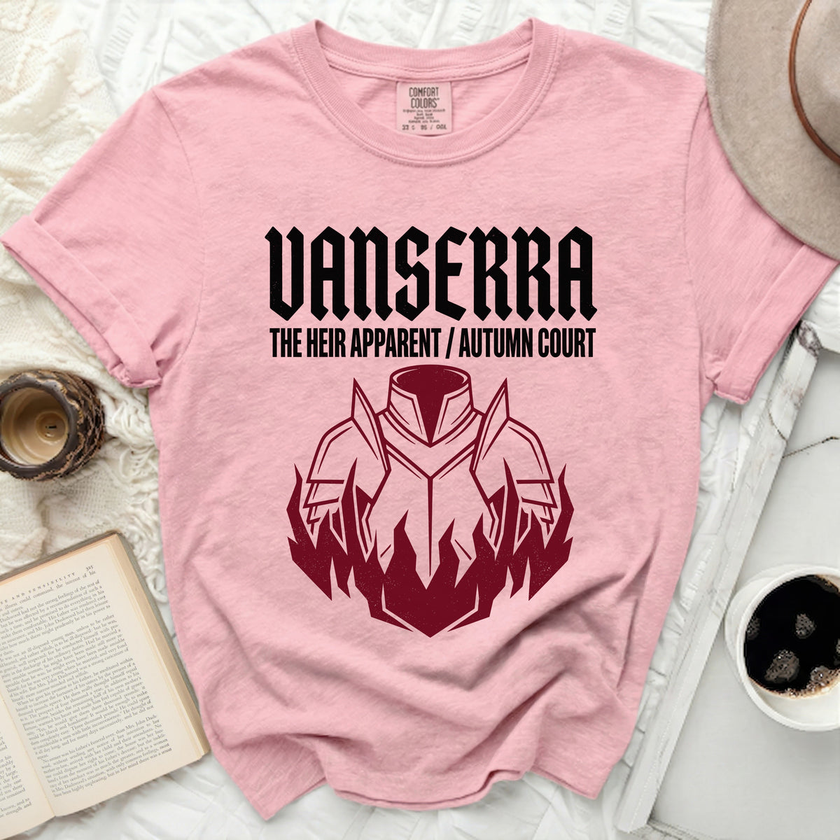 Pink t-shirt with Vanserra The Heir Apparent / Autumn Court graphic.