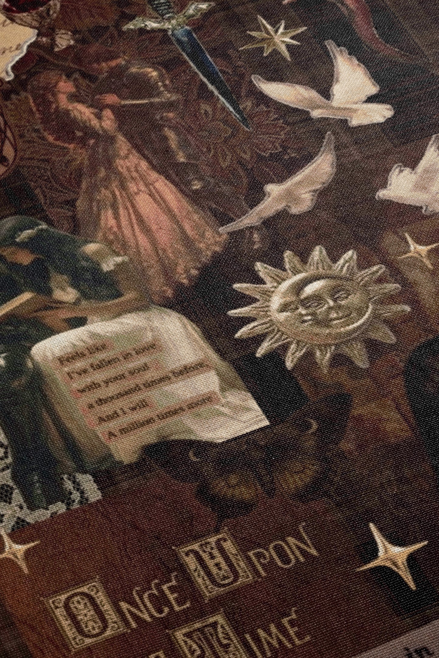 The image is a collage featuring various artistic elements, including a woman in a pink dress, a sword, a sun, and birds. The collage appears to be a close-up view of the artwork, with the focus on the intricate details and textures of the different elements.