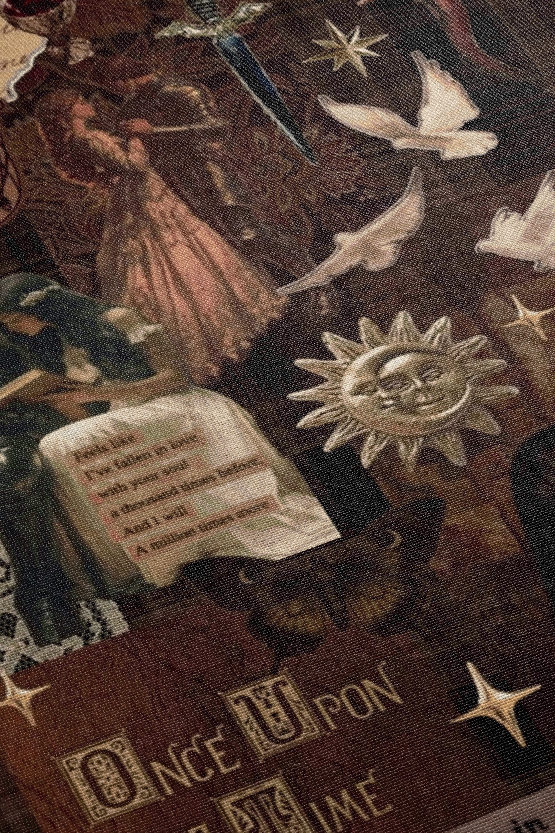 The image is a collage featuring various artistic elements, including a woman in a pink dress, a sword, a sun, and birds. The collage appears to be a close-up view of the artwork, with the focus on the intricate details and textures of the different elements.