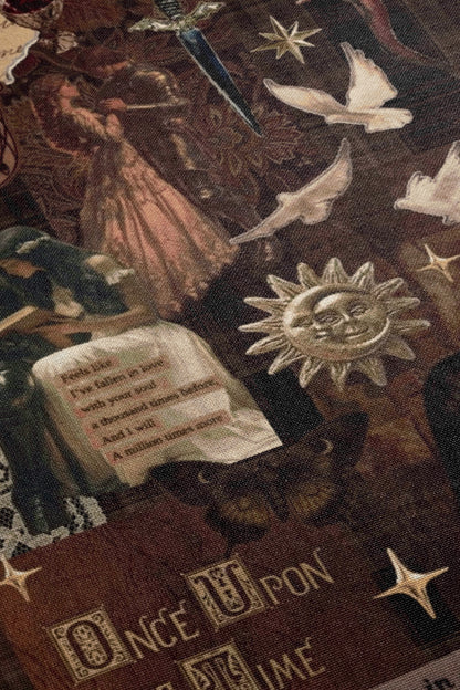 The image is a collage featuring various artistic elements, including a woman in a pink dress, a sword, a sun, and birds. The collage appears to be a close-up view of the artwork, with the focus on the intricate details and textures of the different elements.