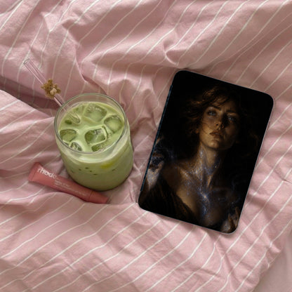 Glass of green matcha drink with ice next to a Rhode lip balm and a phone case.