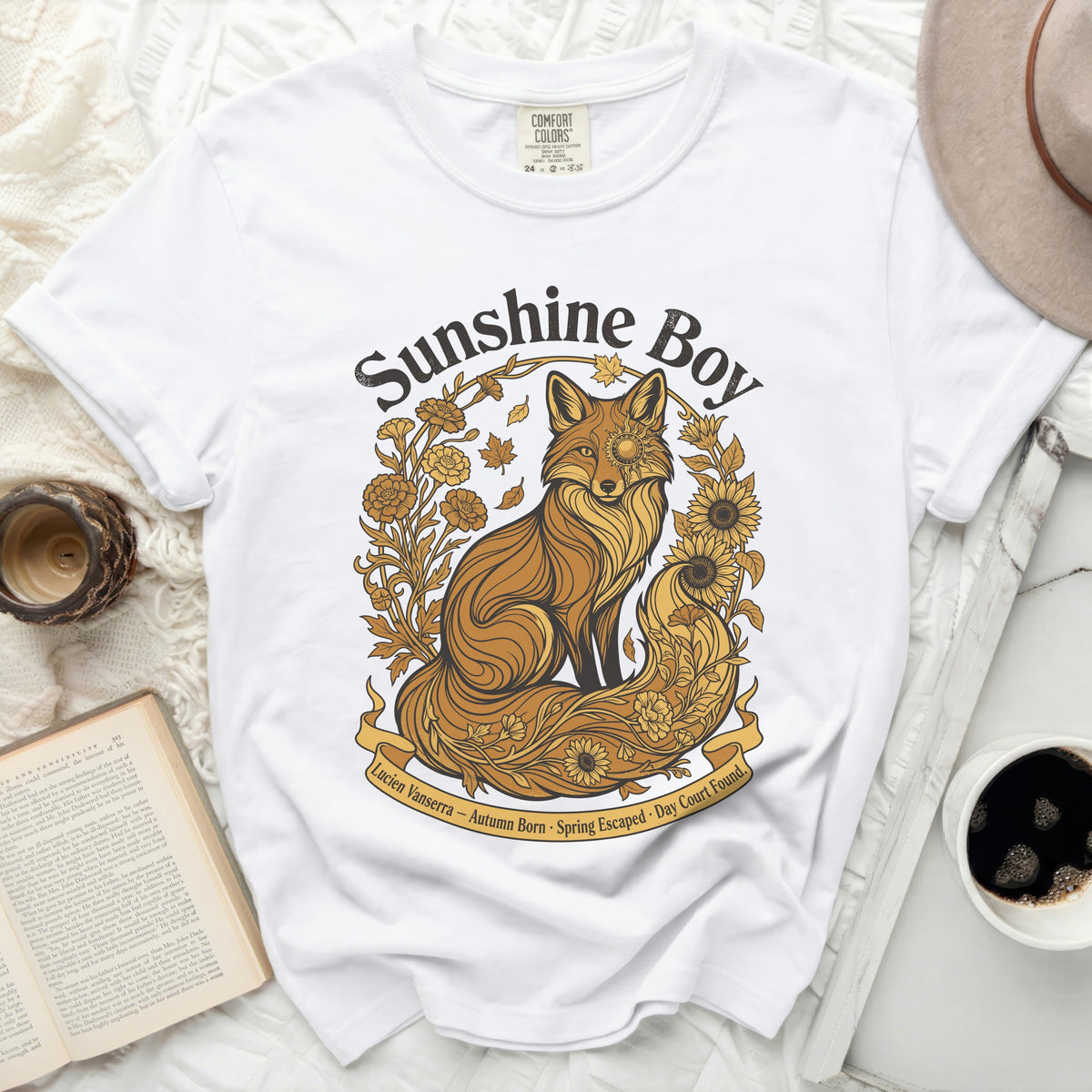 White t-shirt with "Sunshine Boy" graphic of a fox and flowers.
