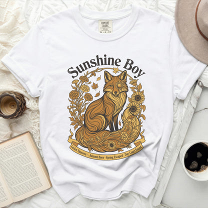 White t-shirt with "Sunshine Boy" graphic of a fox and flowers.