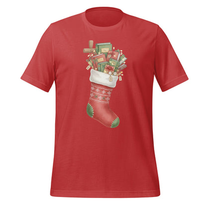 Red Short Sleeve Shirt with Christmas Stocking Design