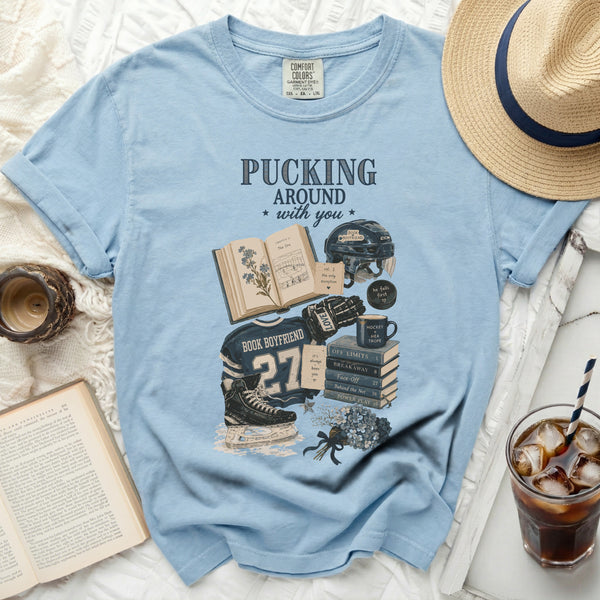 Pucking Around With You Hockey Romance Tee in Chambray