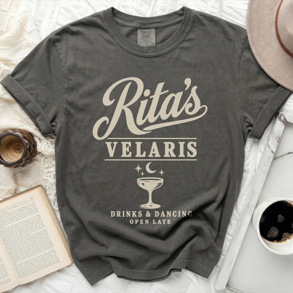Gray t-shirt with "Rita's VELARIS Drinks & Dancing Open Late" text.