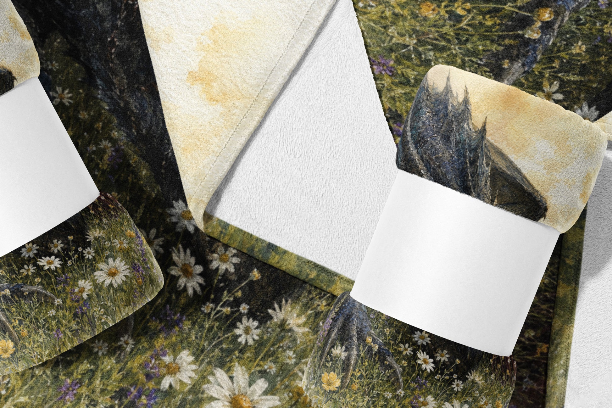 Tapestry with a pastoral scene of wildflowers and dark foliage, featuring folded corners.