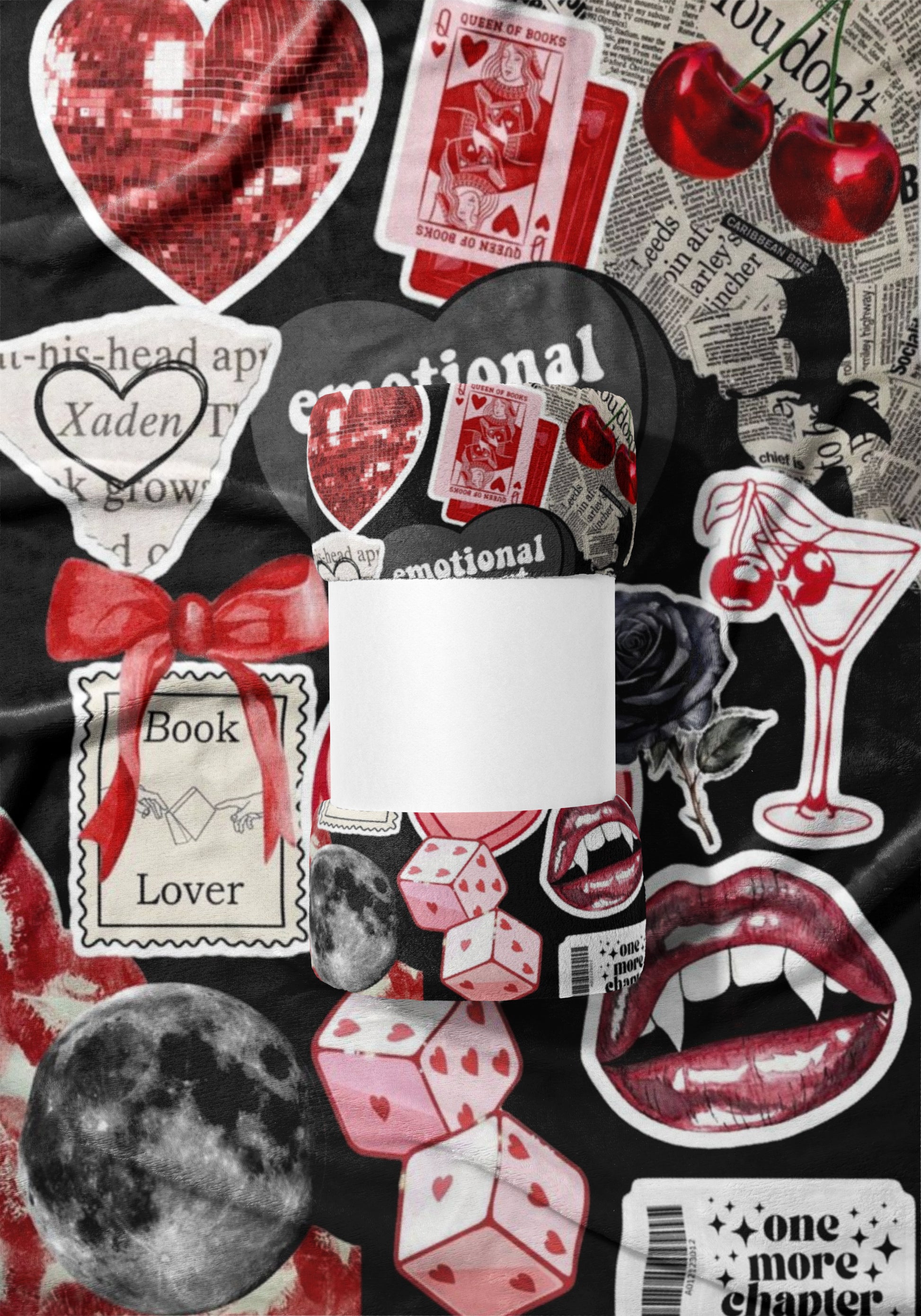 Collage of romantic, Gothic, and literary elements, including hearts, cherries, and book lover imagery.