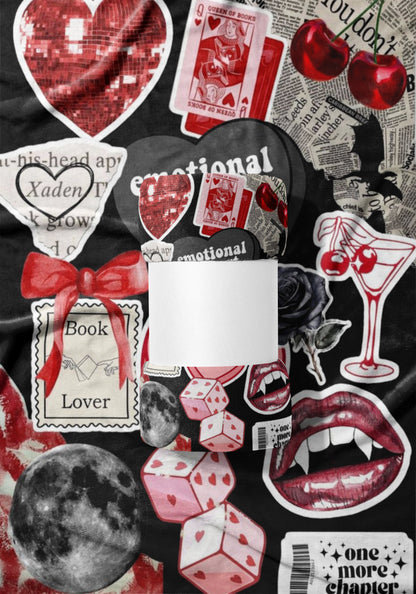 Collage of romantic, Gothic, and literary elements, including hearts, cherries, and book lover imagery.